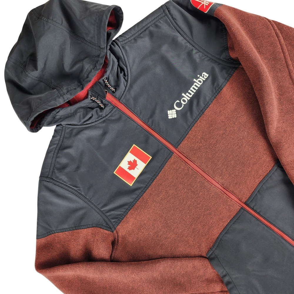 Columbia Canada Team Hooded Fleece Jacket Mens M Full Zip Olympic Ski Red Black